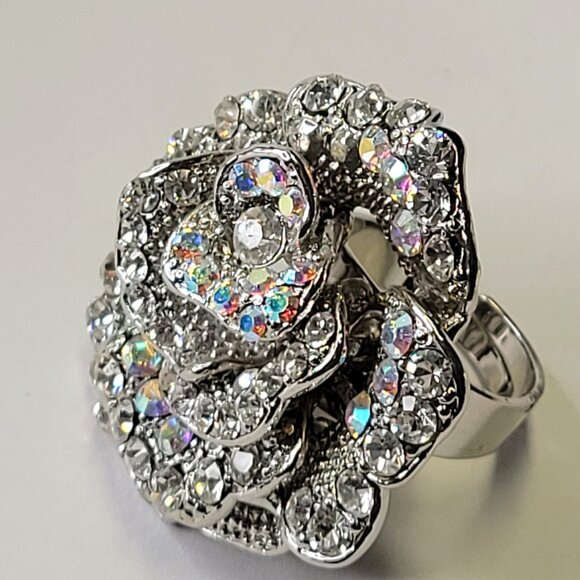 Statement Silver and Clear Rhinestone Ring with Adjustable Band - Picture 5 of 8